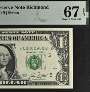 1974 $1 FRN Richmond PMG 67EPQ Superb-Gem birthday low serial number 00000960 - Picture 1 of 3