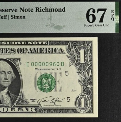 1974 $1 FRN Richmond PMG 67EPQ Superb-Gem birthday low serial number 00000960 - Image 1 of 3