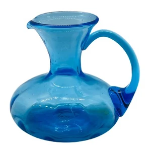 Art Glass Pitcher Vase Cobalt Blue Aqua Handblown Jug Pontil Applied Handle 6" - Picture 1 of 7