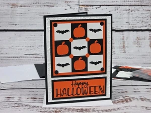 Happy Halloween Grußkarten-Set #27 [4 Stück, Fledermäuse & Kürbisse, Quilt] - Bild 1 von 6