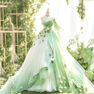 Damen Kleid Herzausschnitt Blumen Ballkleider Grün Einarm Kleider für Hochzeit - Bild 1 von 6