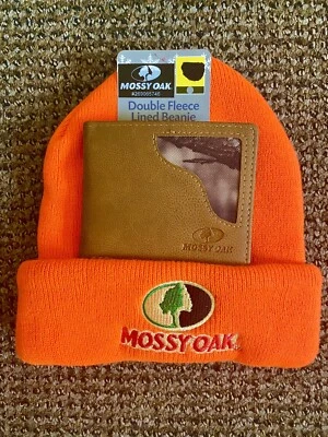 Mossy Oak Blaze Orange Fleece Hunting Beanie Hat With Leather Camo Wallet New - Image 1 of 4