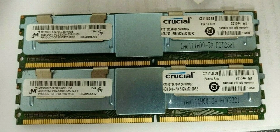 2x Micron MT36HTF51272FZ-667H1D6 4GB 2Rx8 DDR2-667 PC2-5300F ECC Server Memory - Image 1 of 1