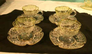 Set Of 4 Antique Bohemian Moser Type Raised Enamel Demitasse Cups & Saucers - Picture 1 of 8