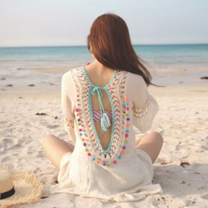 Top donna estivo blusa scavata tessuto a mano aperto dietro prospettiva top - Foto 1 di 12