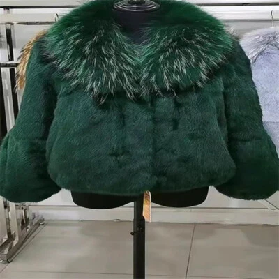 Abrigo de piel de conejo para mujer engrosado suelto cuello en V cuello de piel de mapache chaqueta ropa exterior Foto 1 de 4