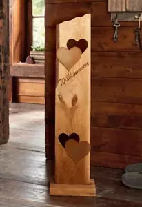 Holz Deko Säule Willkommen 80 cm hoch, 2 Rost Herzen, Schild Stele Eingangsdeko - Bild 1 von 5