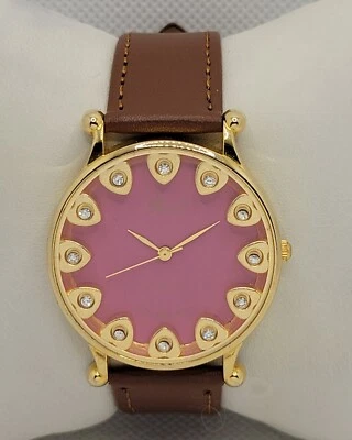 Ladies Pearl Fashion Stylish Round Gold Tone Pink Dial Brown Leather Watch K5 - Image 1 of 4