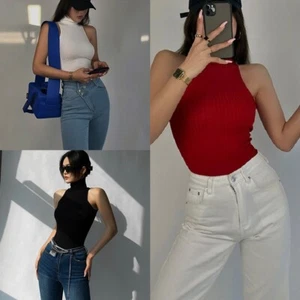 Elegant and Stylish Black Off Shoulder Tank Tops Turtleneck Knitted Vest - Picture 1 of 38