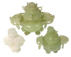 Set of 3 Vintage Asian Chinese Carved Jade Stone Incense Censers Lidded Urns - Picture 1 of 18