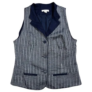 Coldwater Creek Lined Cotton Blend Vest Navy White Striped Tuxedo Collar Size 8 - Picture 1 of 7
