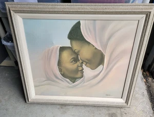 WOODRUM AFRICAN AMERICAN MOTHER AND CHILD painting framed and signed 20x24 - Picture 1 of 8