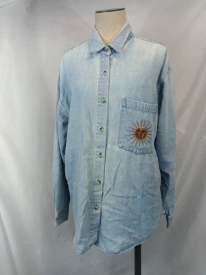 Винтажная джинсовая рубашка 90-х без барьеров с вышивкой солнце небесное богемное гранж размер M - Изображение 1 из 4