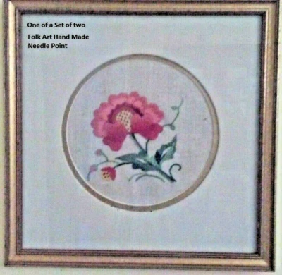 Flower needle work crewel folk art embroidery frame mat glass red blue hand made - Image 1 of 4