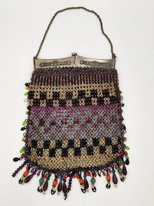 Antique Ladies Multi-colored Micro Beads Ornate Metal Frame Kiss Lock Purse - Picture 1 of 19