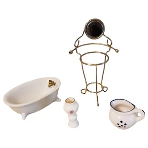 Lote miniatura de colección para casa de muñecas lavabo de latón con espejo porcelana bañera jarrón jarra - Imagen 1 de 7