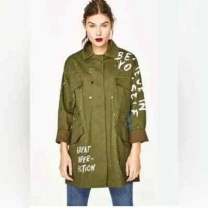 Zara Trafaluc Anorak Utility Jacket Army Green Sequin Embroidered Full Zip XS - Picture 1 of 13