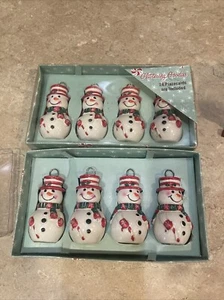 VINTAGE SET OF 8 CERAMIC GLITTERING GOODIES SNOWMAN PLACECARD HOLDERS W/PAPER EC - Picture 1 of 2