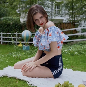 Movie Lolita Women Set:Flower Short Shirt + High Waist Sport Shorts 2PCS Summer - Picture 1 of 12
