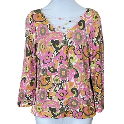 Top Sigrid Olsen Rosa Verde Floral Tejido Cuello en V Crochet Encaje Cuentas Escote Pequeño Foto 1 de 4