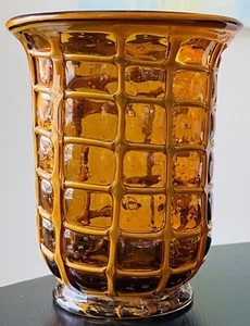 MCM Amber Gold Glass Murano Fratelli Toso? Encased Grid Vase Honeycomb Vtg - Picture 1 of 5