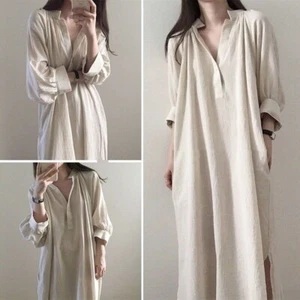 Women's Loose Long Shirt Dress Retro Casual Cotton V-neck Plus-size Casual Line - Picture 1 of 8