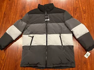 DKNY Men's Gray Mixed-Media Hooded Puffer Ski Skiing Coat Jacket Large L $250 - Picture 1 of 10