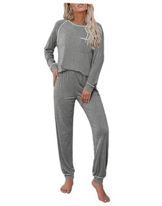 Pajamas Set for Women Soft Comfy Pjs Sets Long Sleeve Small Flower Gray - Picture 1 of 7
