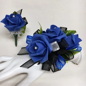 Triple Royal Blue Rose on Black Wrist Corsage & Boutonniere Combo - Picture 1 of 1