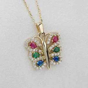 2Ct Round Lab Created Sapphire/Diamond Butterfly Pendant 14k Yellow Gold Finish - Picture 1 of 4