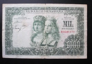 1957 BANK OF SPAIN 1000 PESETAS Banknote P-149a Catholic Monarchs Fine Rare Note - Picture 1 of 2