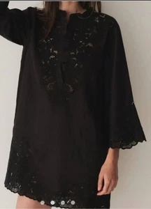 DOEN Rochelle Mini Dress Womens XXS Black Linen 3/4 Sleeve Embroidered Lace Boho - Picture 1 of 17