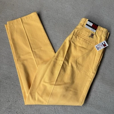NEW Vintage Tommy Hilfiger Golf Pants Pleated Yellow Cotton Crest Logo 33x33 - Image 1 of 4