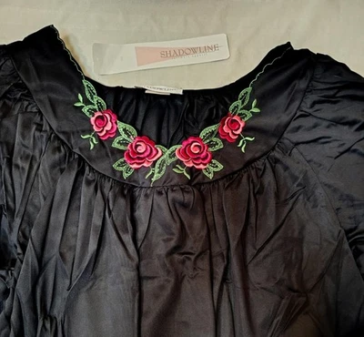 Shadowline Vintage Black  Embroidered Red Roses Black Nightgown Size 1X - Image 1 of 4