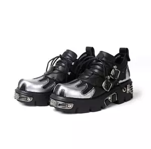 UK SHOES Metallic Black Leather Biker Punk Gothic Boots Size From 5-10 - Picture 1 of 7