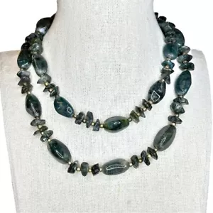 Vintage Genuine Natural Dark Teal Green Stone Gold Tone Beaded Necklace - Picture 1 of 6