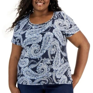 Tommy Hilfiger Azul Paisley Boho Top Ribete de Escalera Cuello Redondo Talla 2X - Imagen 1 de 5
