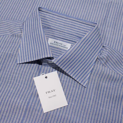 Camisa de vestir Fray nueva con etiquetas talla 16 41 en azul/marrón/blanco rayas mezcla de algodón y lino Foto 1 de 4