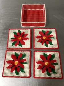 Handmade Plastic Canvas Coaster Set Of 4 and case Completed Poinsettia Coasters - Picture 1 of 5