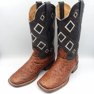 Elliut Western Boots Tooled Diamond Pattern Leather Square Toe Cowboy Boots Sz 6 - Picture 1 of 14
