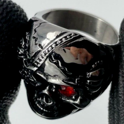Anello Teschio skull punk stainless steel Uomo 1 occhio chiuso 1 Brillante rosso - Immagine 1 di 4
