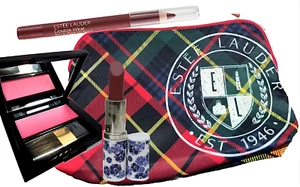 ESTEE LAUDER GIFT SET WITH PLAID COSMETICS BAG / BLUSH / LIPSTICK / LIP LINER - Picture 1 of 1