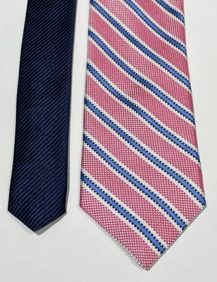 Roundtree & Yorke TRADEMARK 100% 真丝领带海军蓝粉色条纹男式领带 — 第 1/4 张图片