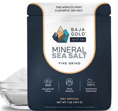BRANDED Baja Gold Mineral Sea Salt, Fine Grind, 1 Lb. Bag with fast free shipping
