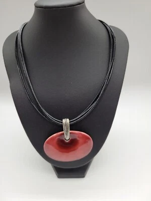 CHICO’S Black Cord Red Enamel Oval Pendant Necklace Choker - Image 1 of 4