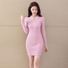 Womens Stand Collar Frog Button Long Sleeves Knitted Sweater Dress Bodycon Gown