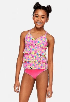Justice for Girls Pink Emoji Dot Tiered Tankini Swimsuit 10 - Image 1 of 3