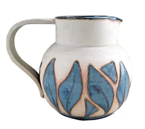 Vintage Art Pottery Pitcher/Creamer Blue Leaves Incised on White, 5-3/4" Tall - Picture 1 of 9