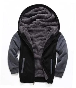 Boys Fleece Jacket Zip Up Hoodie Sherpa Lined Warm 8-9 Years Dark Black Grey - Picture 1 of 7