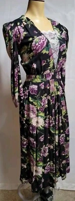Vestido Cottage Vintage Años 70 Betsy's Things Negro Púrpura Floral Encaje Talla S/M  Foto 1 de 4